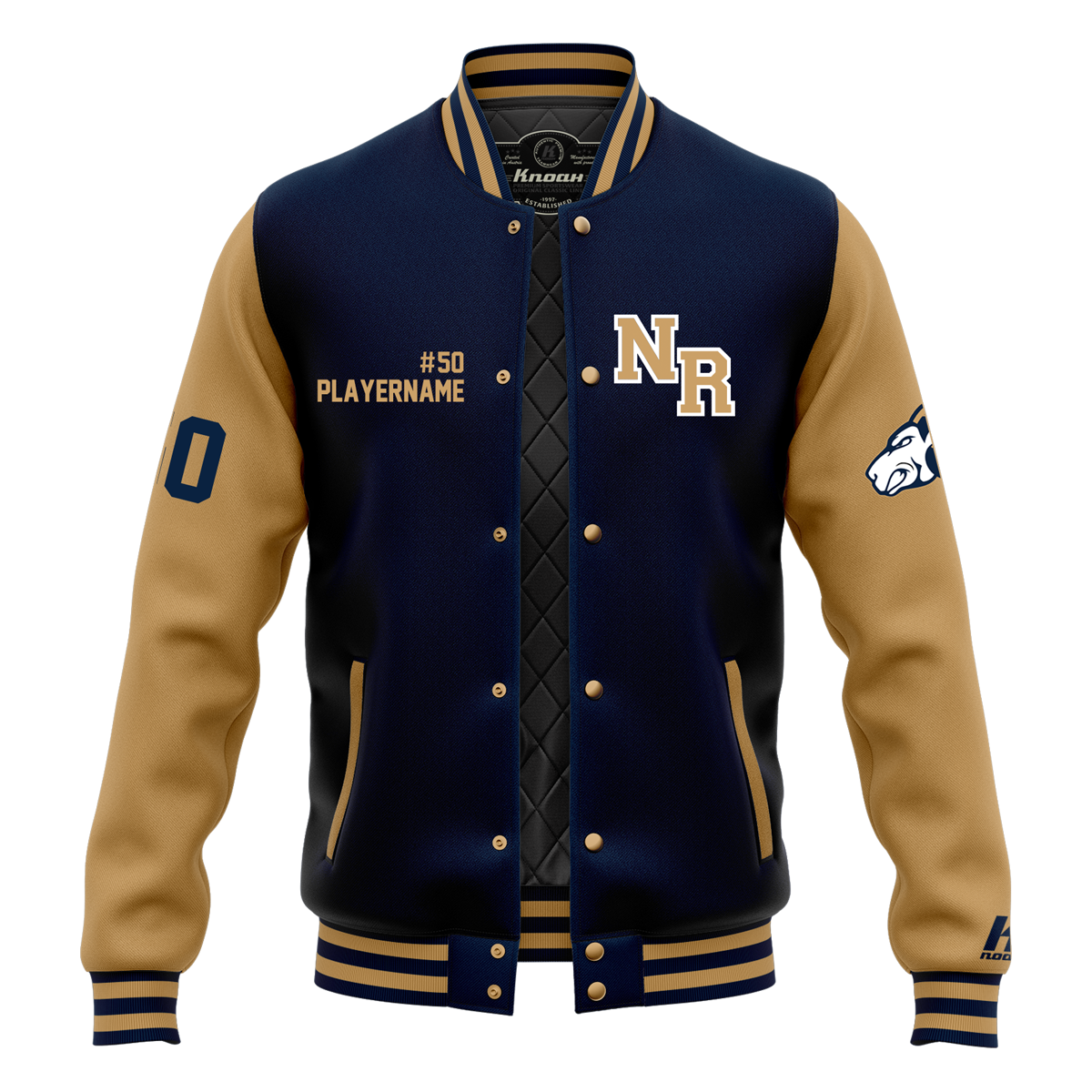 Rams Authentic Varsity Jacket Navy/Vegas Gold with Playernumber & Playername on Chest